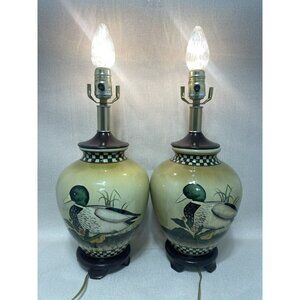 Vintage Set Of DUCKS Porcelain Table LAMP Cabin Home Mallard Checkered Trim READ